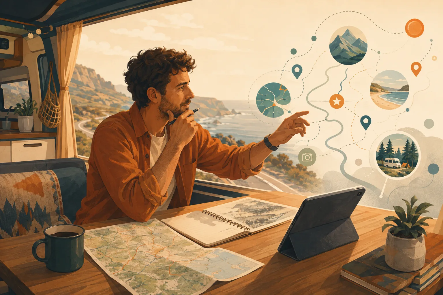 Illustration du guide des neuf piliers : préparer un roadtrip avec une carte et un assistant numérique