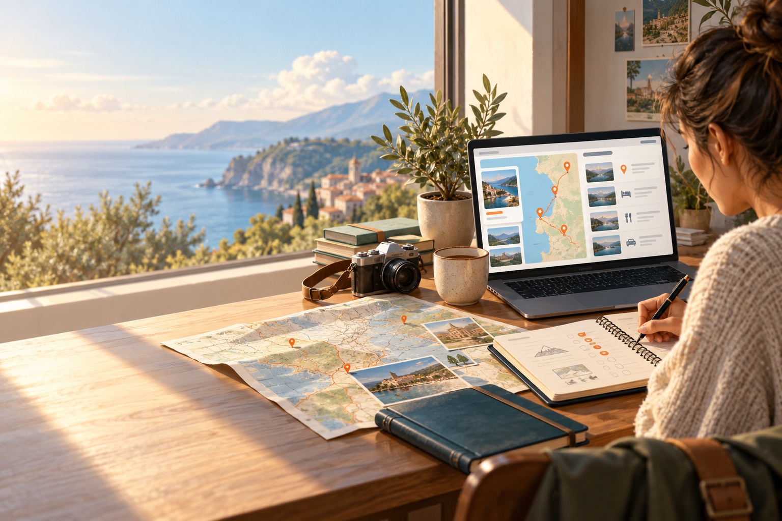 Préparer un voyage avec une carte, un itinéraire et un carnet