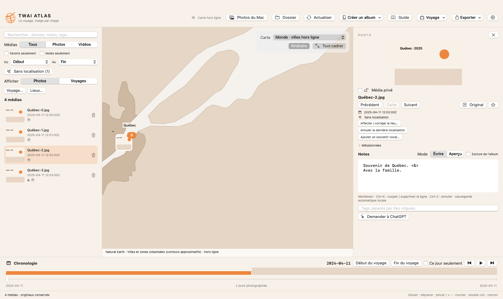 Interface de TWAI Atlas avec photos sur une carte et une chronologie